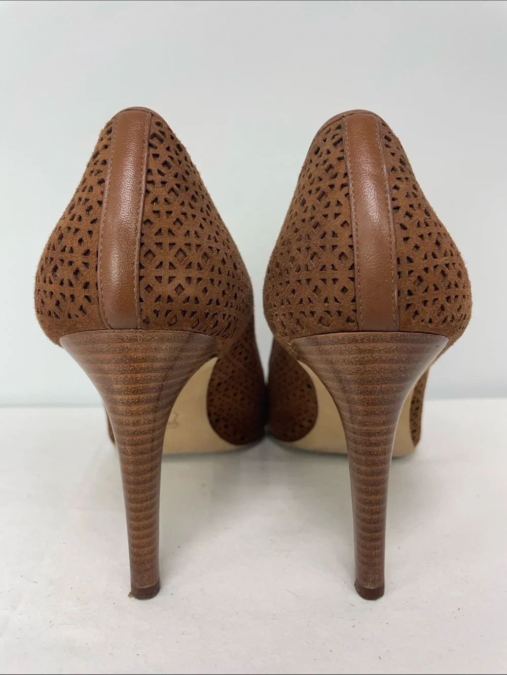 Tory Burch Tan Laser-Cut Peep-Toe Pumps, Size 8.5